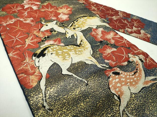平和屋着物●アンティーク　大正ロマン　九寸名古屋帯　唐織　楓鹿文　金糸　正絹　逸品　DABD1958ps_1
