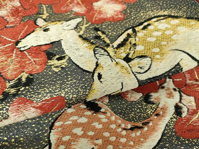 平和屋着物●アンティーク　大正ロマン　九寸名古屋帯　唐織　楓鹿文　金糸　正絹　逸品　DABD1958ps_2