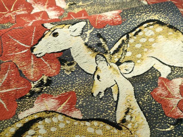 平和屋着物●アンティーク　大正ロマン　九寸名古屋帯　唐織　楓鹿文　金糸　正絹　逸品　DABD1958ps_3