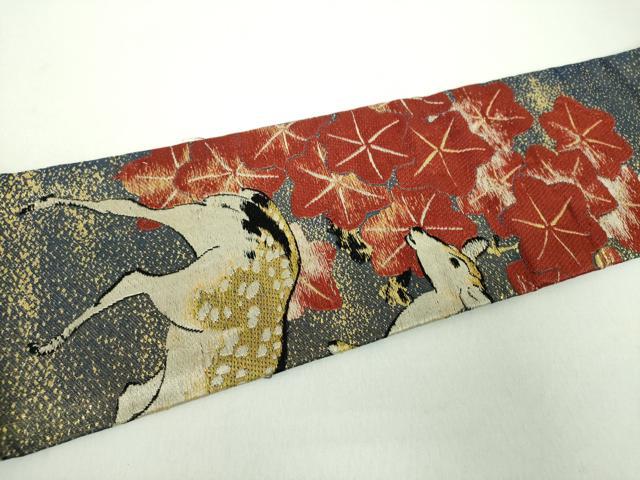 平和屋着物●アンティーク　大正ロマン　九寸名古屋帯　唐織　楓鹿文　金糸　正絹　逸品　DABD1958ps_4