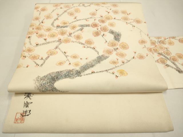 平和屋着物●塩瀬　九寸名古屋帯　作家物　枝梅文　金彩　正絹　逸品　DABD2119du