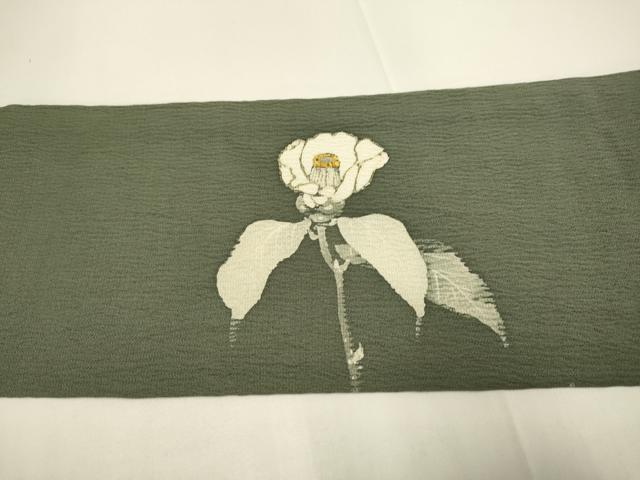 平和屋着物●九寸名古屋帯　作家物　ろうけつ染め　枝椿　鬼しぼ縮緬　正絹　逸品　DABD2241du 平和屋着物○九寸名古屋帯 作家物 ろうけつ染め 枝椿 鬼しぼ縮緬 正絹