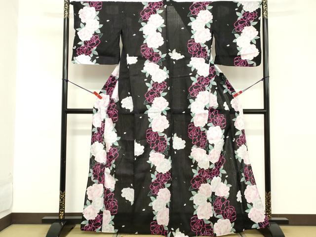 平和屋着物∴夏物　浴衣　花繋ぎ　黒地　綿　逸品　DABD2620cd