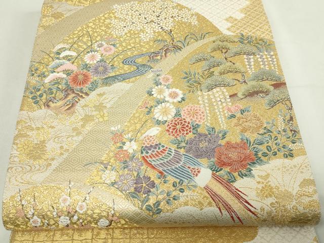 平和屋本店▼六通柄袋帯　唐織　九百錦　尾長鳥花文　松竹梅　本金箔　正絹　24ｋ　逸品　DABD3294sf
