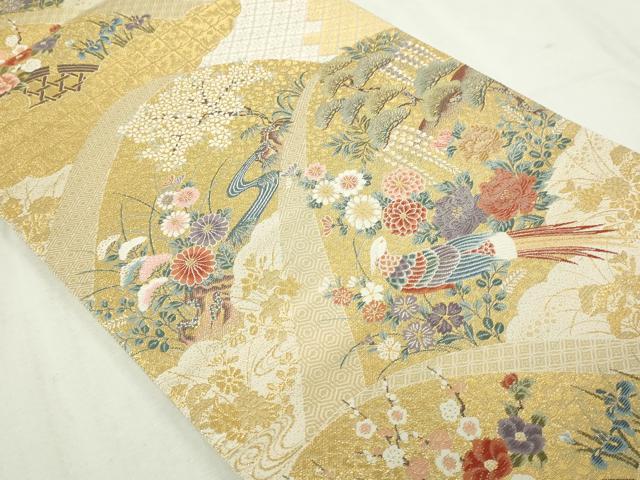 平和屋本店▼六通柄袋帯　唐織　九百錦　尾長鳥花文　松竹梅　本金箔　正絹　24ｋ　逸品　DABD3294sf_1