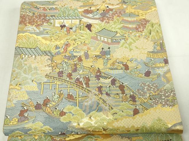 平和屋本店▼六通柄袋帯　人物風景文　本金二重箔　正絹　24ｋ　逸品　DABD3388sf 平和屋本店▽六通柄袋帯 人物風景文 本金二重箔 正絹 24k 逸品