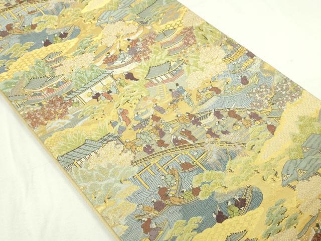 平和屋本店▼六通柄袋帯　人物風景文　本金二重箔　正絹　24ｋ　逸品　DABD3388sf_1