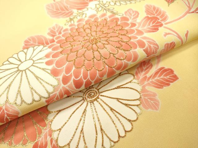 名古屋帯　金彩　塩瀬　唐花文様　花模様　グリーンカラー　着物　081b 平和屋着物○塩瀬 九寸名古屋帯 駒刺繍 花丸文 金彩 正絹 逸品