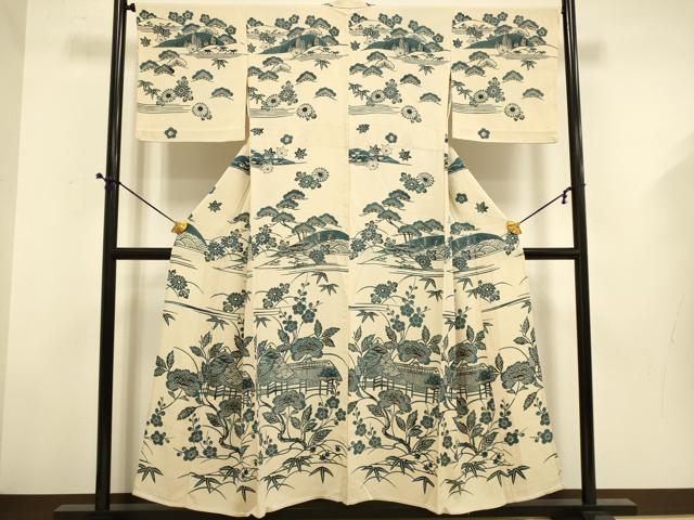 藍染 着物 with flowers 銀座 着物4780 訪問着 藍鼠色 更紗花文