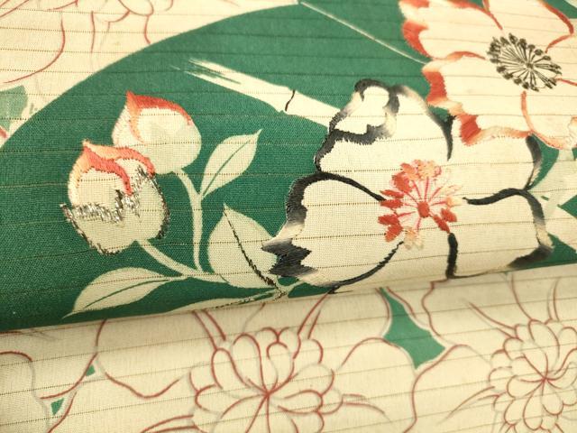 平和屋着物＊夏物　アンティーク　大正ロマン　全通柄九寸名古屋帯　刺繍　冊子竹垣花文　銀彩　正絹　逸品　DABD6541cm