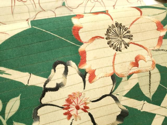 平和屋着物＊夏物　アンティーク　大正ロマン　全通柄九寸名古屋帯　刺繍　冊子竹垣花文　銀彩　正絹　逸品　DABD6541cm