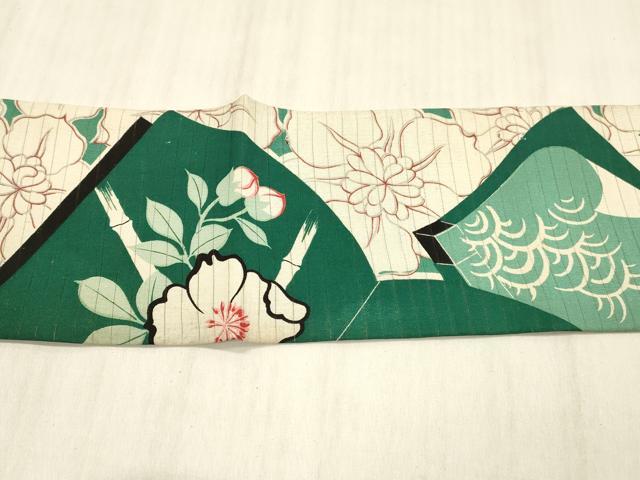 平和屋着物＊夏物　アンティーク　大正ロマン　全通柄九寸名古屋帯　刺繍　冊子竹垣花文　銀彩　正絹　逸品　DABD6541cm