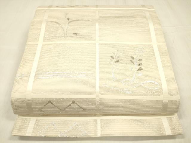 平和屋着物＊夏物　六通柄袋帯　草葉文　銀糸　正絹　逸品　DABD6880cm