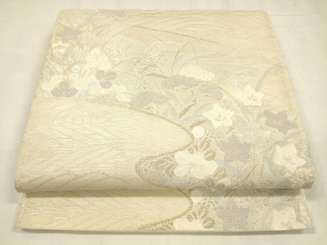 平和屋着物＊夏物　六通柄袋帯　流水草花文　銀糸　正絹　逸品　DABD6884cm