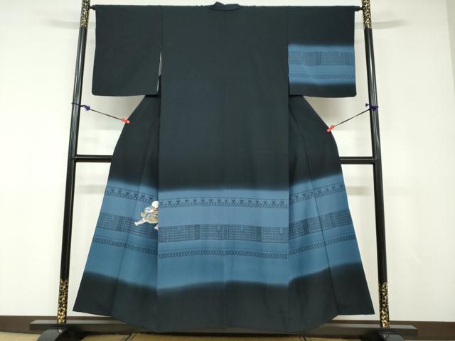 平和屋着物●訪問着　童子　横段文　黒地　正絹　逸品　DABD9087ud