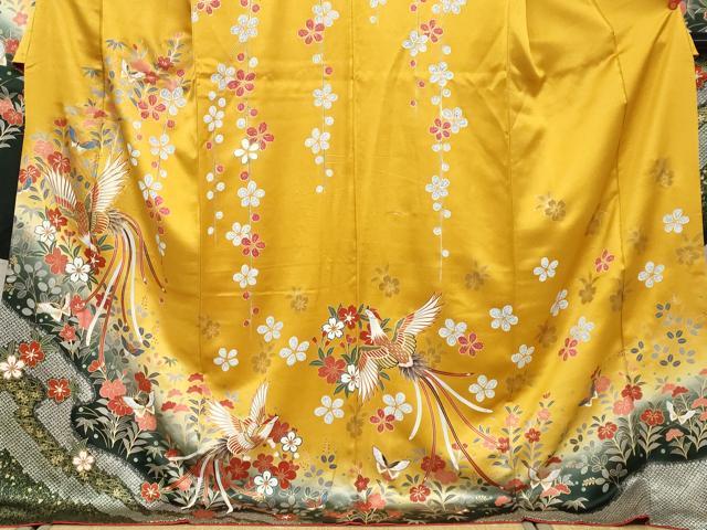 平和屋着物●豪華振袖　駒刺繍　鹿の子花鳥文　暈し染め　金彩　正絹　逸品　DABD9168ud_3