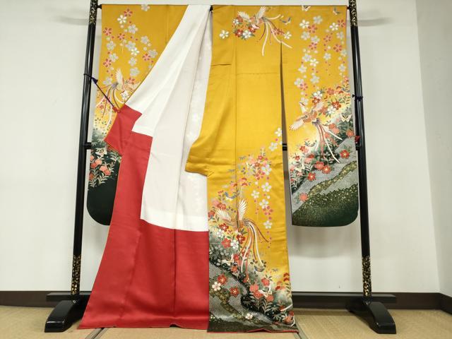 平和屋着物●豪華振袖　駒刺繍　鹿の子花鳥文　暈し染め　金彩　正絹　逸品　DABD9168ud_1