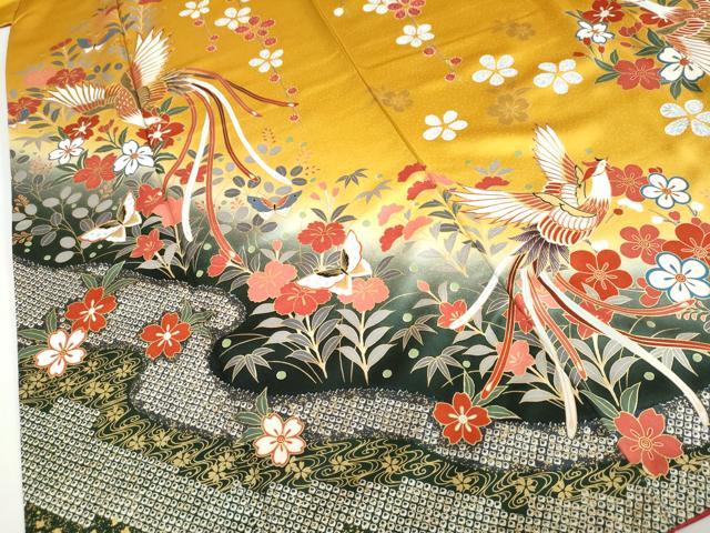 平和屋着物●豪華振袖　駒刺繍　鹿の子花鳥文　暈し染め　金彩　正絹　逸品　DABD9168ud_4