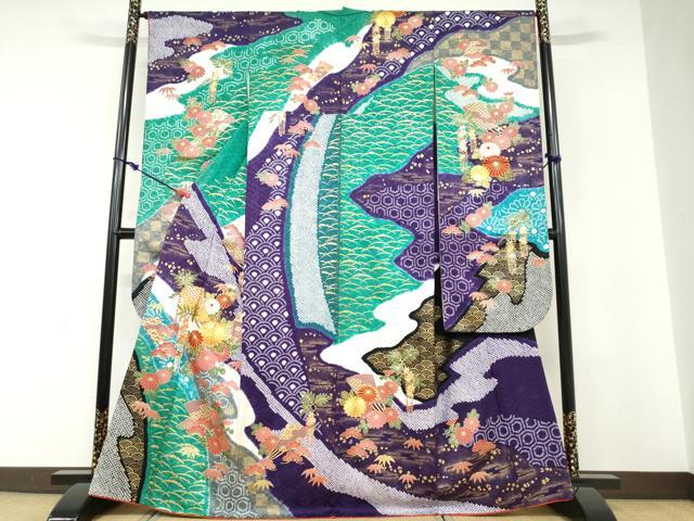 平和屋着物●豪華振袖　駒刺繍　絞り　扇面吉祥草花文　金彩　正絹　逸品　DABD9228ud
