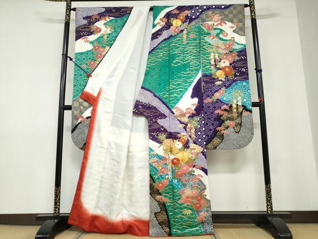 平和屋着物●豪華振袖　駒刺繍　絞り　扇面吉祥草花文　金彩　正絹　逸品　DABD9228ud_1