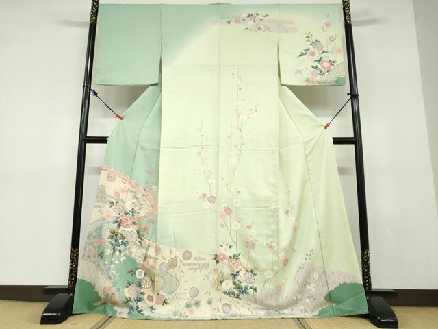 平和屋着物●訪問着　駒刺繍　流水鹿の子草花文　暈し染め　金銀彩　正絹　逸品　DABD9280ud