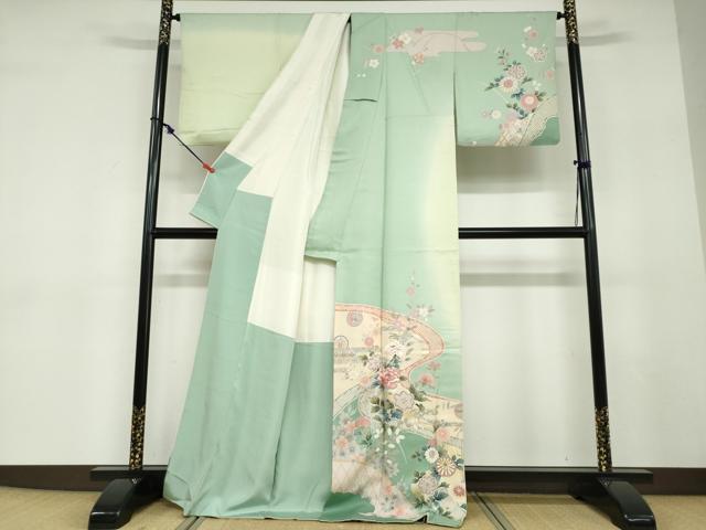 平和屋着物●訪問着　駒刺繍　流水鹿の子草花文　暈し染め　金銀彩　正絹　逸品　DABD9280ud_1