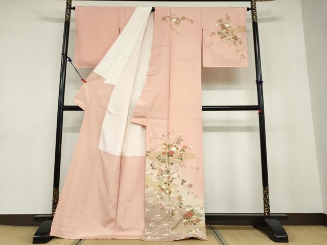 平和屋着物●訪問着　扇面草花文　暈し染め　金彩　ロング丈　正絹　逸品　DABD9331ud_1