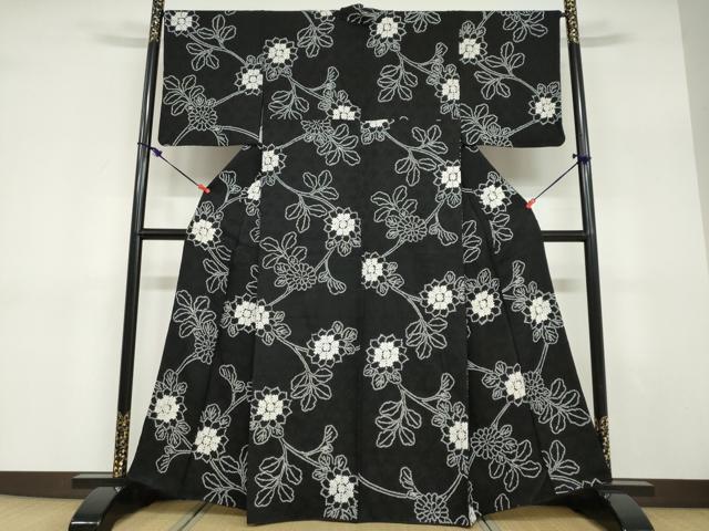 平和屋着物●上質な小紋　絞り　草花文　黒地　正絹　逸品　DABD9358ud_1