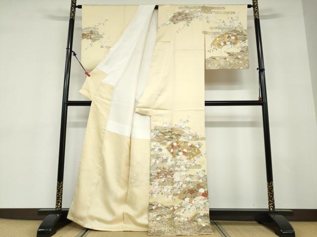 平和屋着物●訪問着　作家物　駒刺繍　地紙草花文　金彩　正絹　逸品　DABD9387ud_1