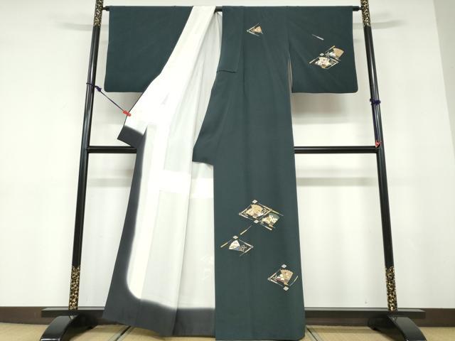 平和屋着物●訪問着　駒刺繍　扇面草花文　金彩　正絹　逸品　DABD9489ud_1
