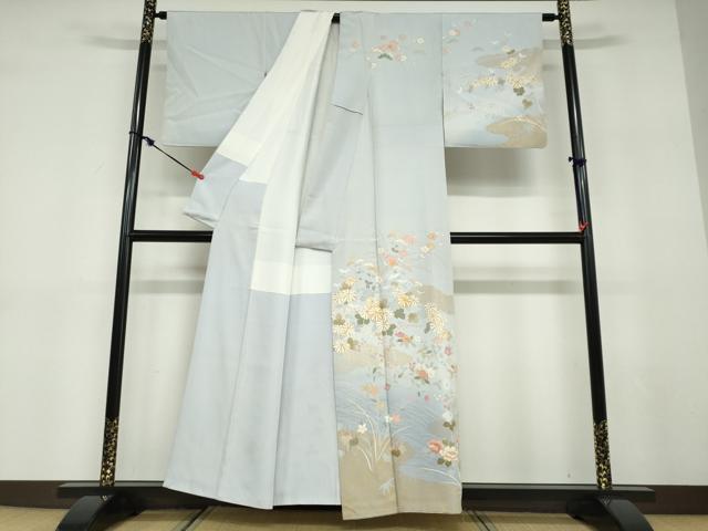 平和屋着物●訪問着　駒刺繍　流水雲取草花文　金彩　正絹　逸品　DABD9511ud_1