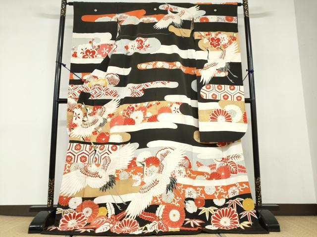 平和屋本店●アンティーク　大正ロマン　振袖　長襦袢（袷）セット　駒刺繍　飛鶴草花文　半衿刺繍　正絹　逸品　DABD9538ud_1