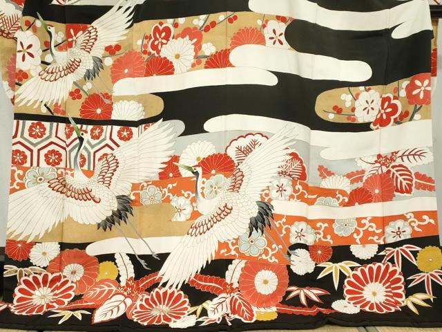 平和屋本店●アンティーク　大正ロマン　振袖　長襦袢（袷）セット　駒刺繍　飛鶴草花文　半衿刺繍　正絹　逸品　DABD9538ud_3