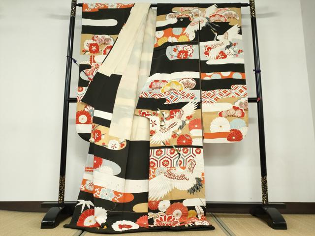 平和屋本店●アンティーク　大正ロマン　振袖　長襦袢（袷）セット　駒刺繍　飛鶴草花文　半衿刺繍　正絹　逸品　DABD9538ud_2