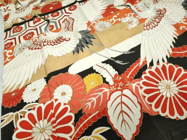 平和屋本店●アンティーク　大正ロマン　振袖　長襦袢（袷）セット　駒刺繍　飛鶴草花文　半衿刺繍　正絹　逸品　DABD9538ud_5