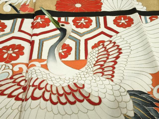 平和屋本店●アンティーク　大正ロマン　振袖　長襦袢（袷）セット　駒刺繍　飛鶴草花文　半衿刺繍　正絹　逸品　DABD9538ud_6