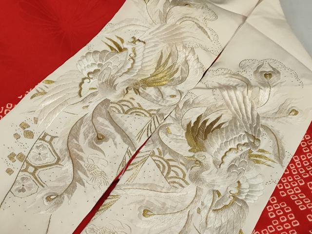 平和屋本店●アンティーク　大正ロマン　振袖　長襦袢（袷）セット　駒刺繍　飛鶴草花文　半衿刺繍　正絹　逸品　DABD9538ud_12