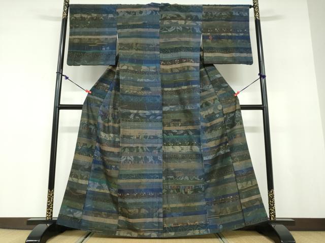 平和屋着物●小千谷紬　百柄　横段草花文　正絹　逸品　DABD9553ud