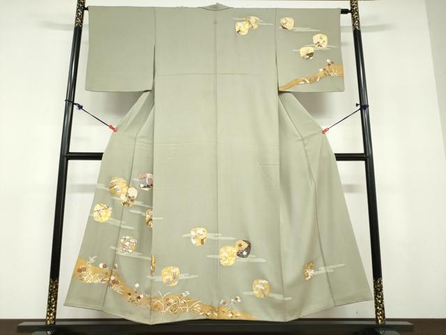 平和屋着物●訪問着　駒刺繍　陶器飛鶴草花文　金彩　正絹　逸品　DABD9555ud