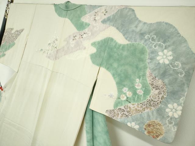 平和屋着物●十日町　名門　滝泰謹製　訪問着　手描き　絞り　雲取り草花文　金彩　正絹　逸品　DABD9558ud_2
