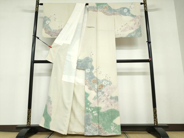 平和屋着物●十日町　名門　滝泰謹製　訪問着　手描き　絞り　雲取り草花文　金彩　正絹　逸品　DABD9558ud_1