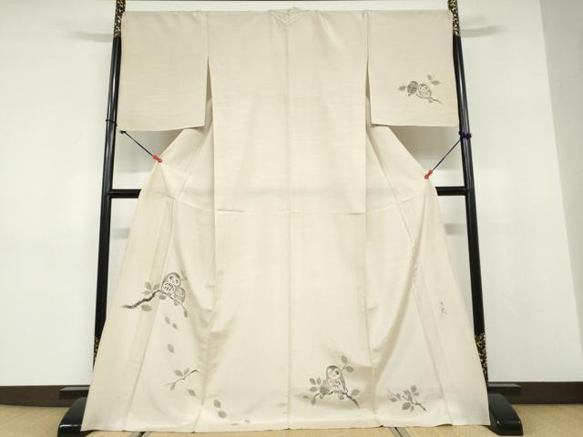 平和屋着物▽訪問着　単衣　作家物　紬地　手描き　梟　ふくろう　金彩　ロング丈　正絹　逸品　DABD9676ud