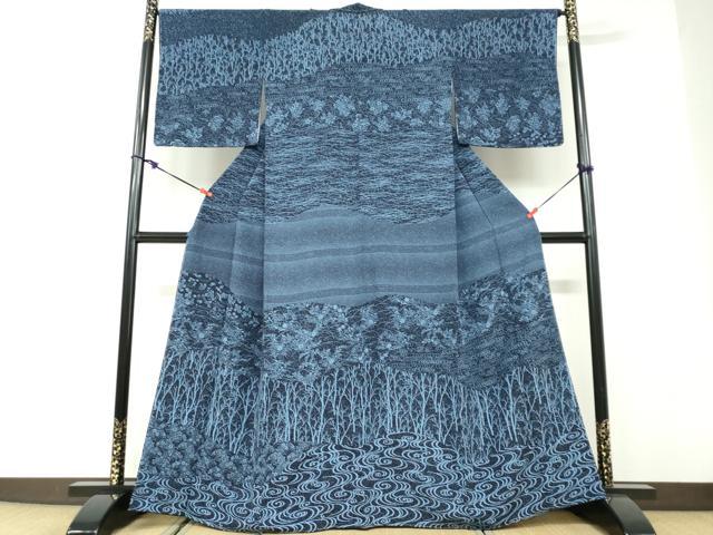 平和屋着物●訪問着　藍　流水花鳥文　やまと金ラベル　正絹　逸品　未使用　DABD9843ud