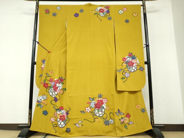 平和屋着物●豪華振袖　作家物　型染　花籠文　正絹　逸品　DABD9926ud