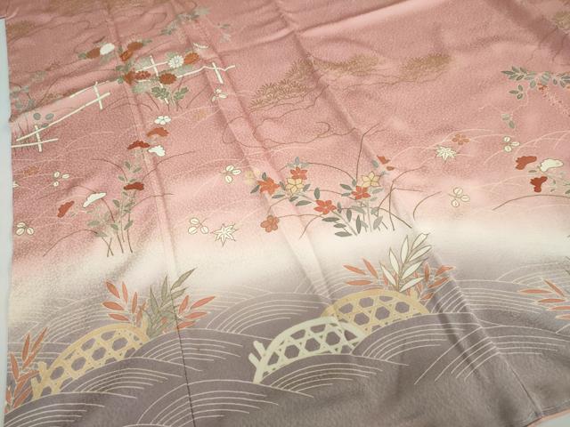 平和屋着物●訪問着　駒刺繍　草花文　暈し染め　金彩　正絹　逸品　未使用　DABD9946ud_4