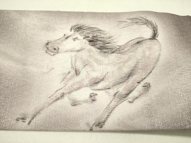 平和屋着物●九寸名古屋帯　手描き　馬　銀通し地　正絹　逸品　未使用　DABE1016op_4
