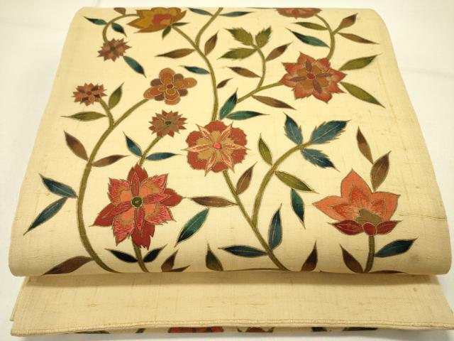 平和屋着物●太鼓柄袋帯　紬地　刺繍　更紗花文　金彩　正絹　逸品　DABE1019op 平和屋着物○太鼓柄袋帯 紬地 刺繍 更紗花文 金彩 正絹 逸品