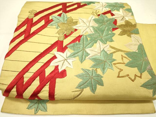 平和屋着物●アンティーク　大正ロマン　九寸名古屋帯　駒刺繍　総刺繍　渡橋楓文　金糸　正絹　逸品　DABE1071op