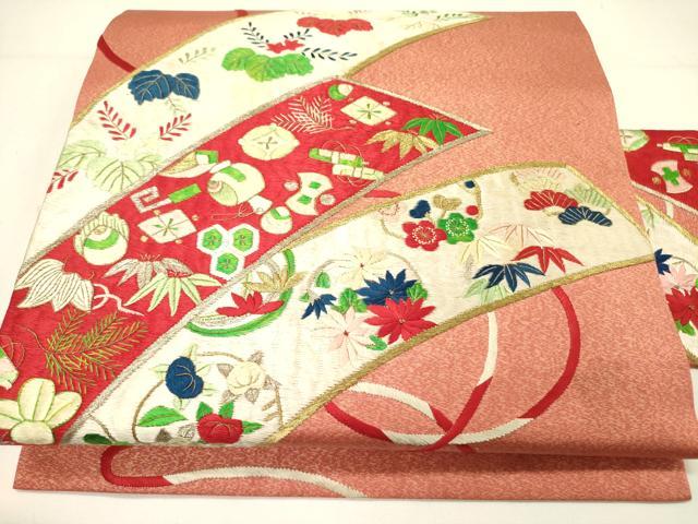 平和屋着物●九寸名古屋帯　総刺繍　宝尽くし花文　金銀糸　正絹　逸品　DABE1086op 平和屋着物○九寸名古屋帯 総刺繍 宝尽くし花文 金銀糸 正絹 逸品