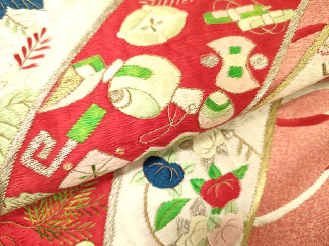 平和屋着物●九寸名古屋帯　総刺繍　宝尽くし花文　金銀糸　正絹　逸品　DABE1086op 平和屋着物○九寸名古屋帯 総刺繍 宝尽くし花文 金銀糸 正絹 逸品